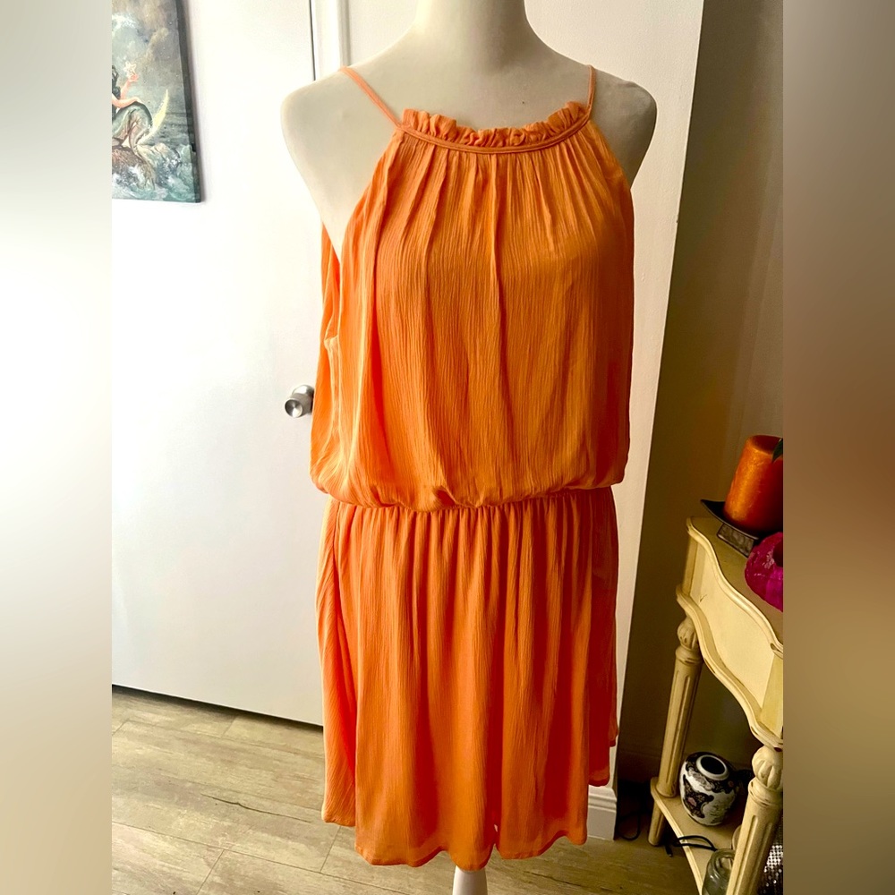 🌹Francesca’s NWT Blue Rain High Neck Orange Lined Soft MIDI Size L Dress!